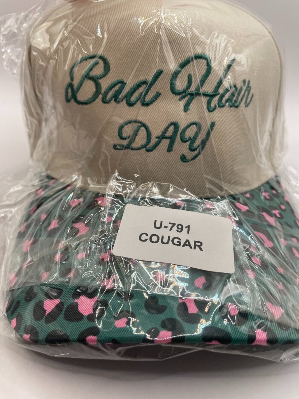 Zenana Outfitters Cream and Leopard Print "BAD HAIR DAY" Baseball Cap